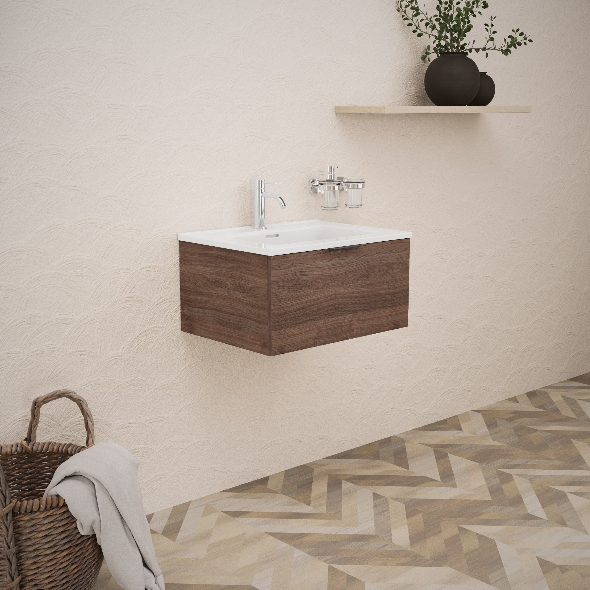 Inda - Mobile bagno L.60 con lavabo lucido / Rovere castano 1 cassetto - Topazio