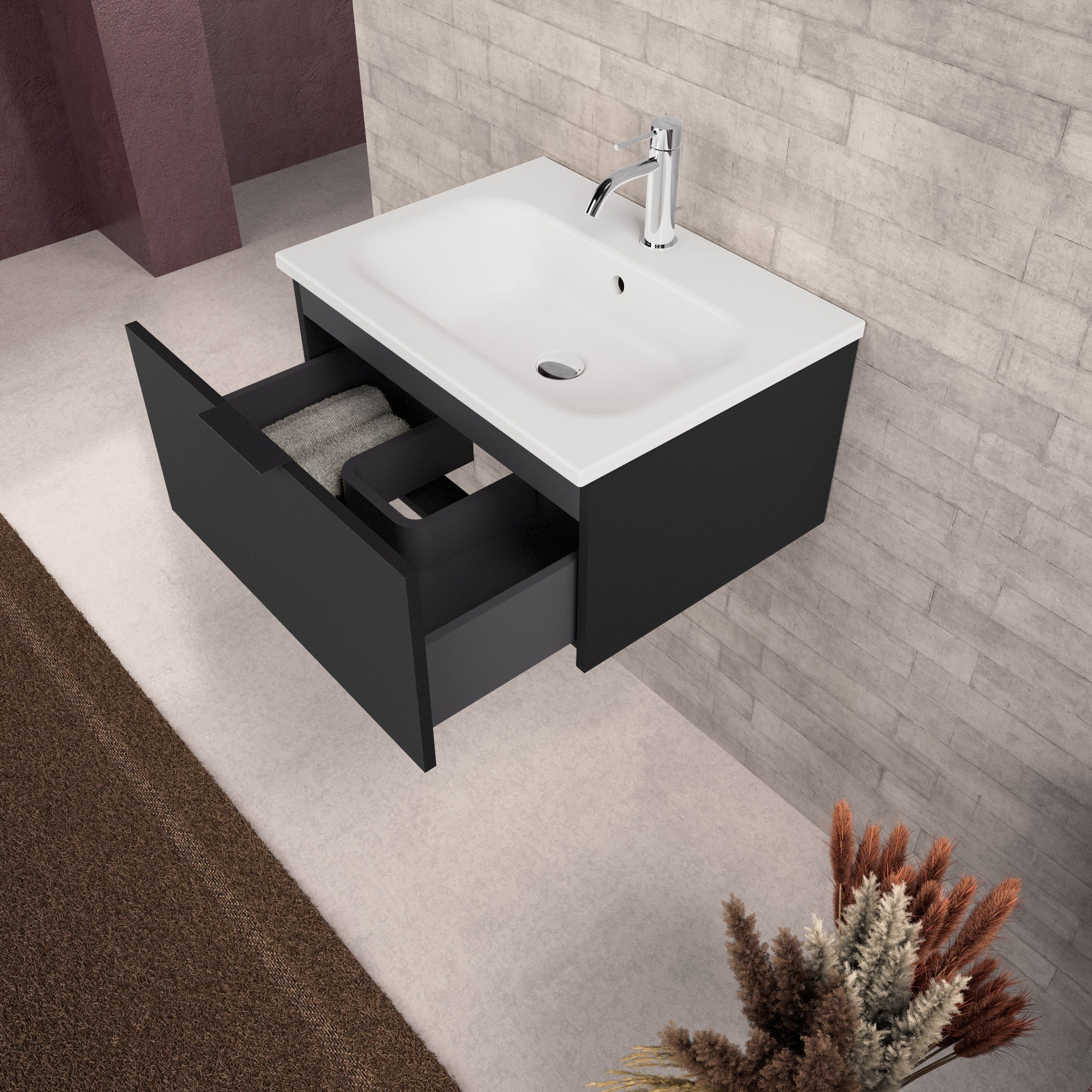 Inda - Mobile bagno L.60 con lavabo opaco / Nero opaco 1 cassetto - Topazio