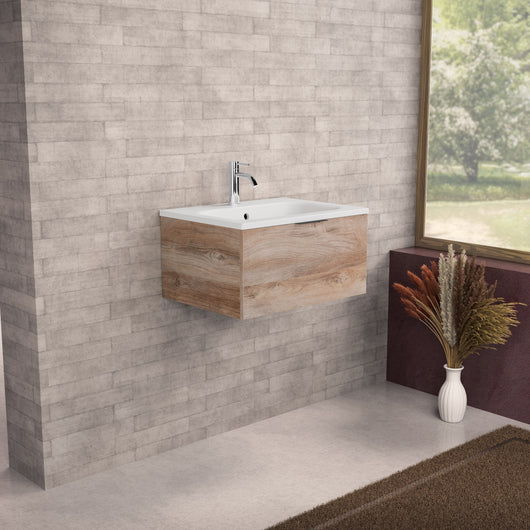 Inda - Mobile bagno L.60 con lavabo opaco / Rovere naturale 1 cassetto - Topazio