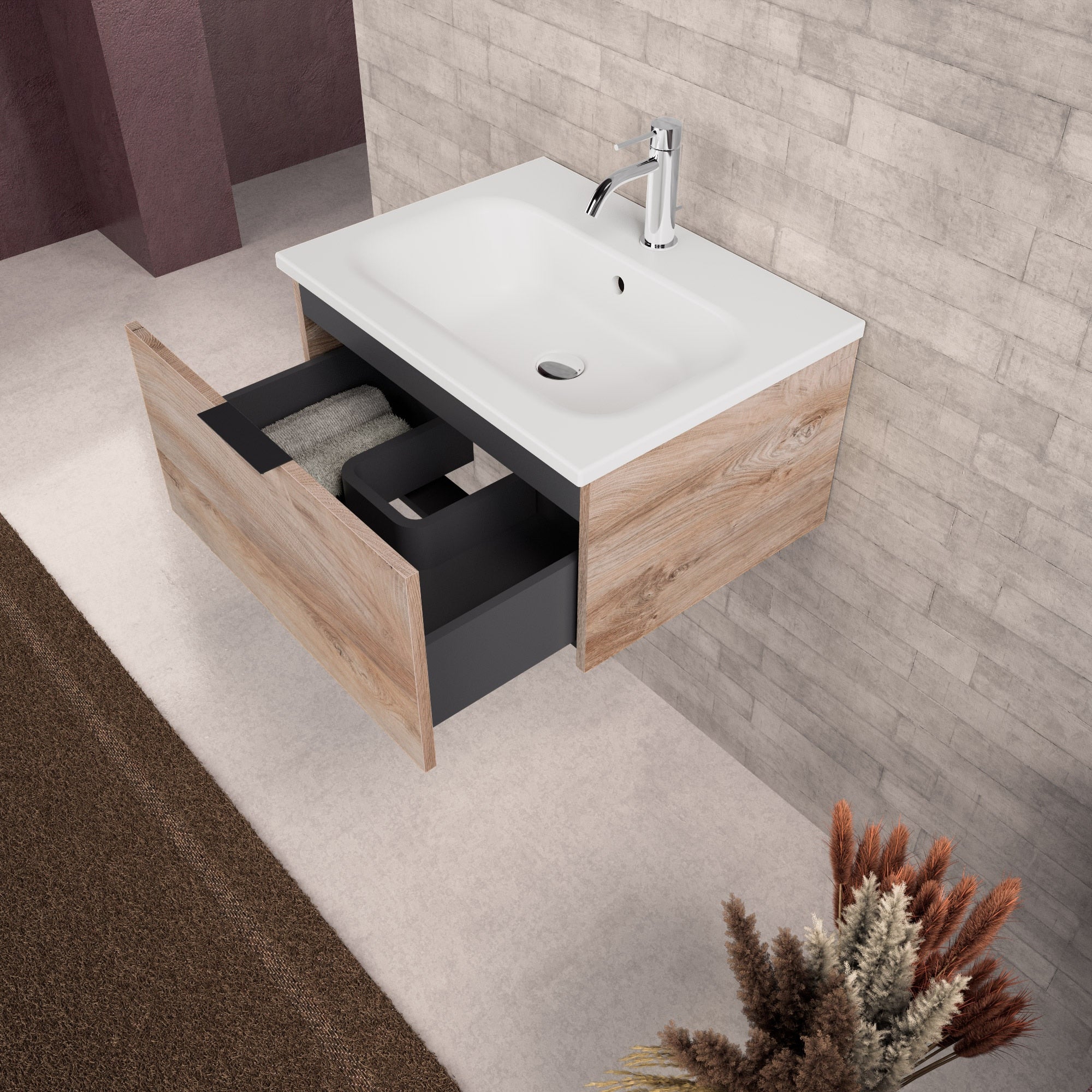 Inda - Mobile bagno L.60 con lavabo opaco / Rovere naturale 1 cassetto - Topazio