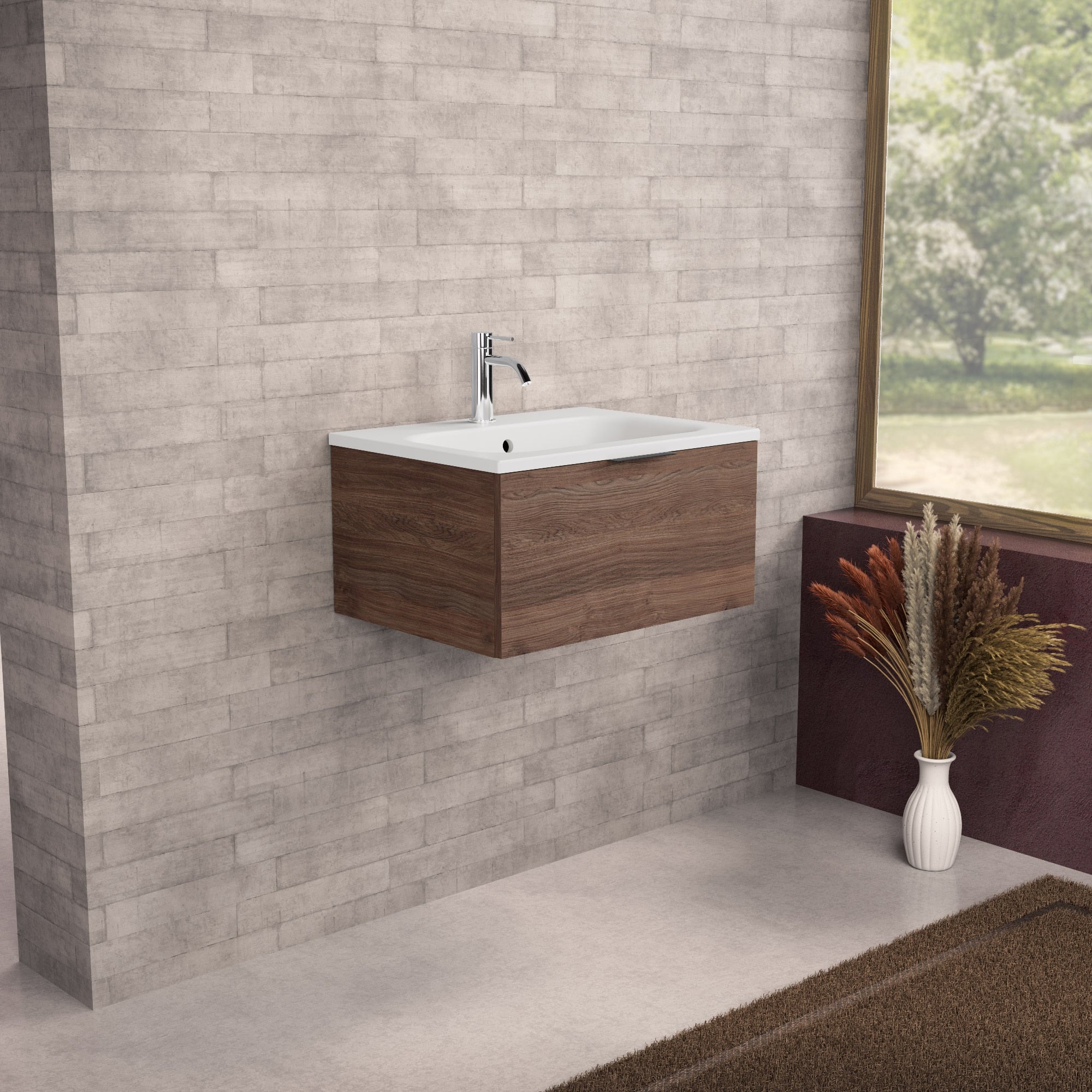 Inda - Mobile bagno L.60 con lavabo opaco / Rovere castano 1 cassetto - Topazio
