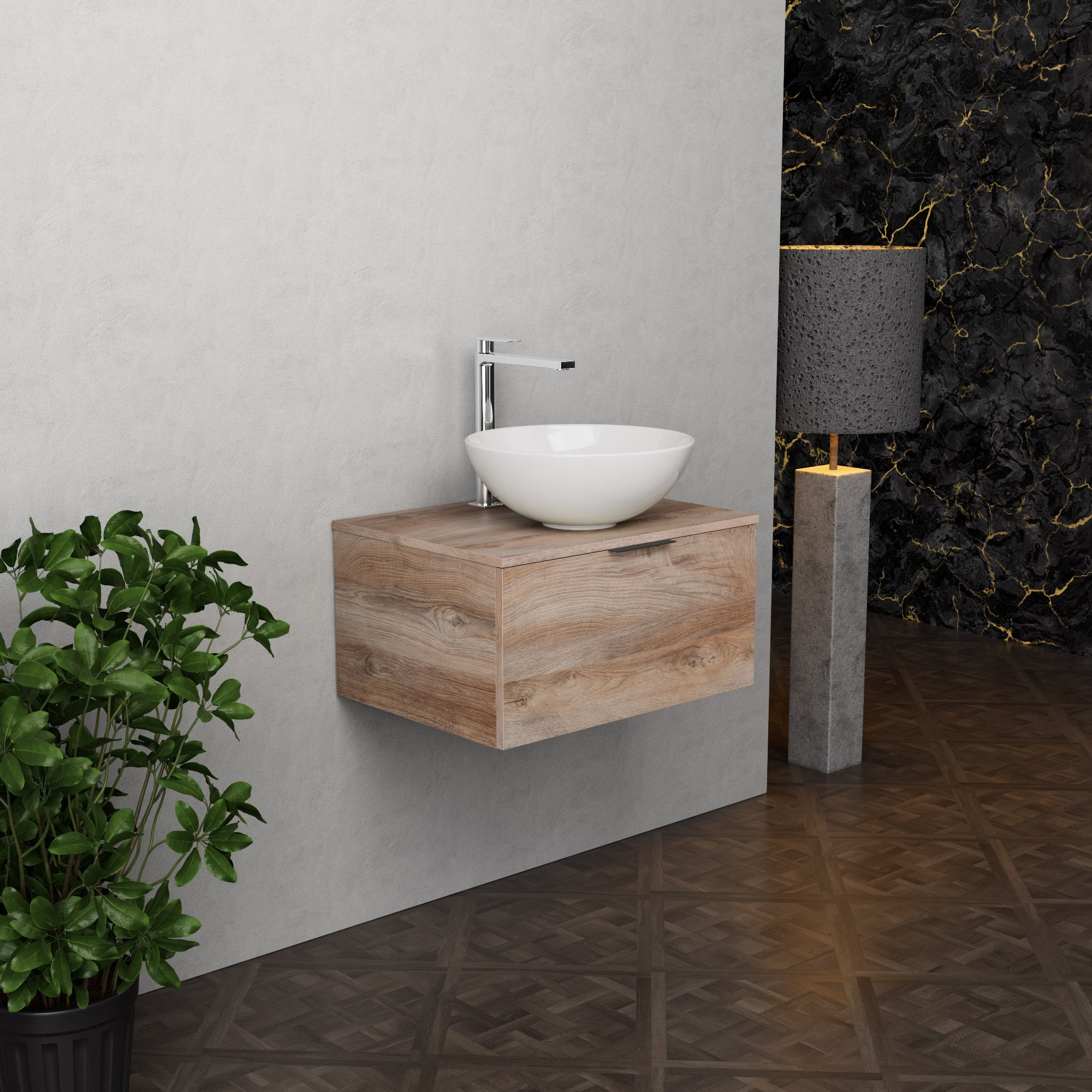 Inda - Mobile bagno L.60 con lavabo in appoggio / Rovere naturale 1 cassetto - Topazio