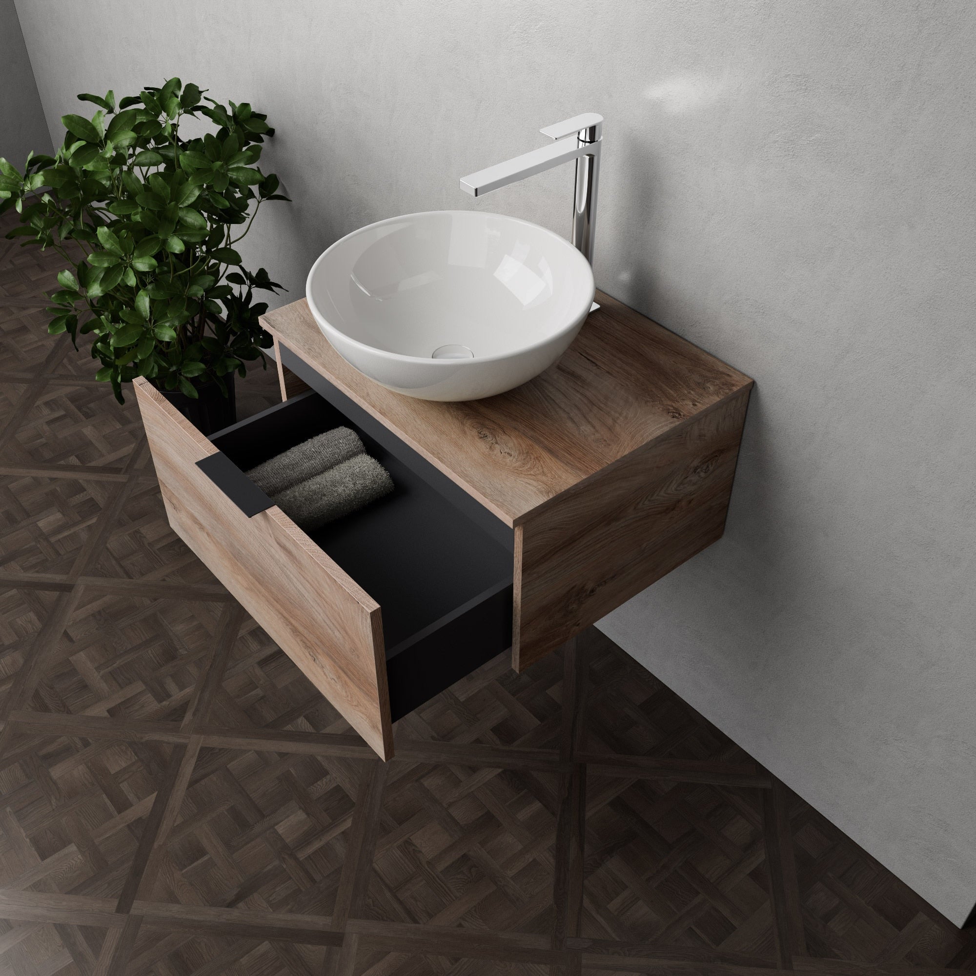 Inda - Mobile bagno L.60 con lavabo in appoggio / Rovere naturale 1 cassetto - Topazio