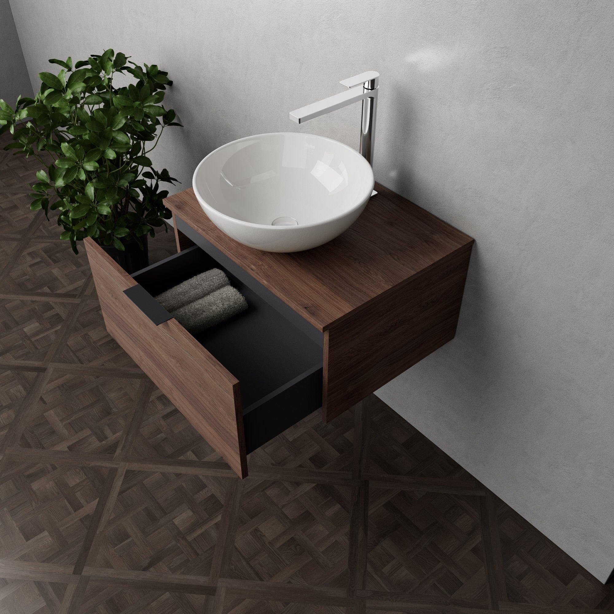 Inda - Mobile bagno L.60 con lavabo in appoggio / Rovere castano 1 cassetto - Topazio