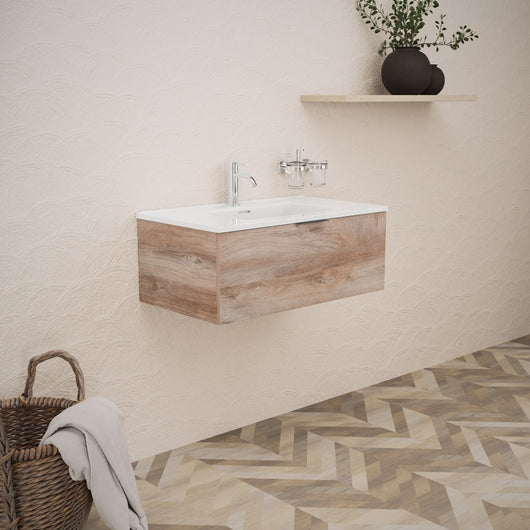 Inda - Mobile bagno L.80 con lavabo lucido / Rovere naturale 1 cassetto - Topazio