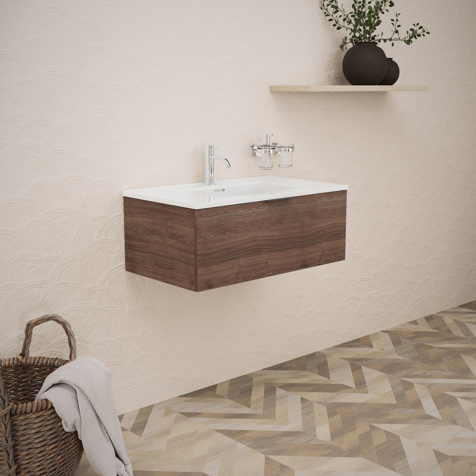 Inda - Mobile bagno L.80 con lavabo lucido / Rovere castano 1 cassetto - Topazio