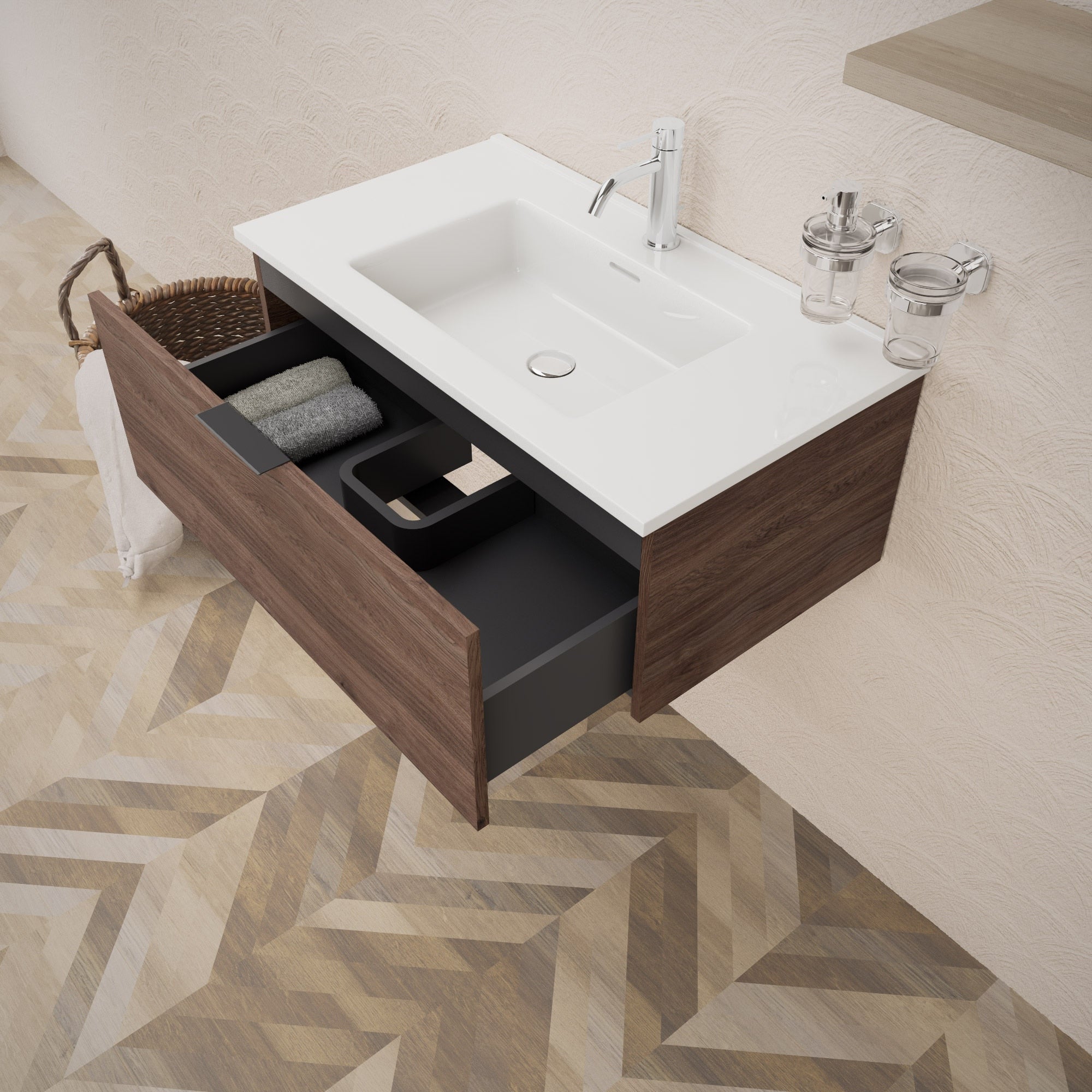 Inda - Mobile bagno L.80 con lavabo lucido / Rovere castano 1 cassetto - Topazio