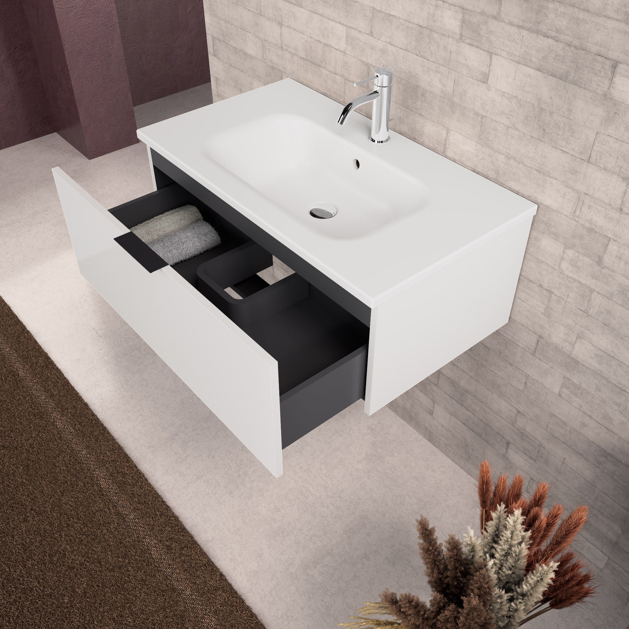 Inda - Mobile bagno L.80 con lavabo opaco / Bianco lucido 1 cassetto - Topazio