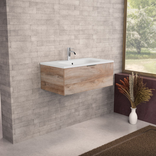 Inda - Mobile bagno L.80 con lavabo opaco / Rovere naturale 1 cassetto - Topazio