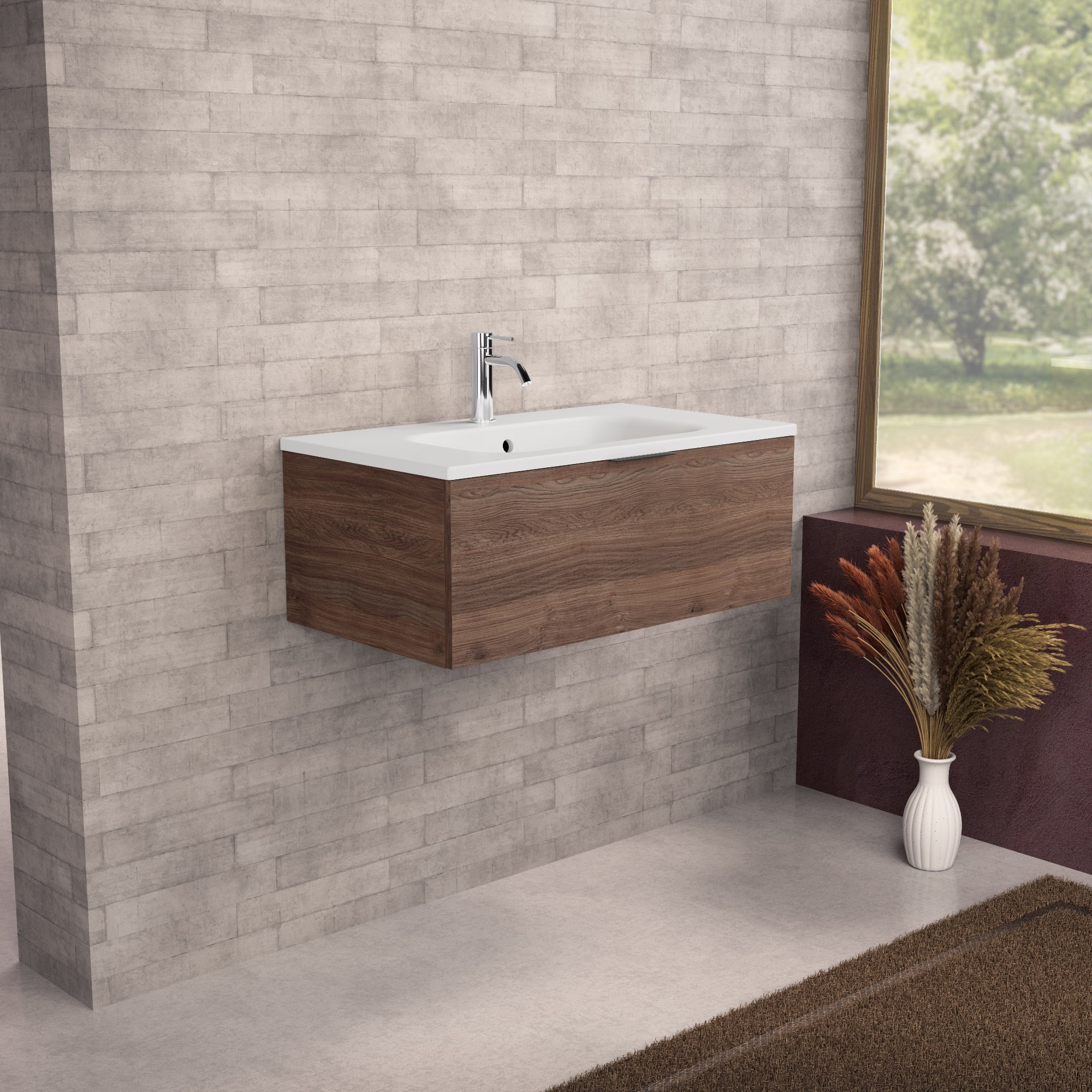Inda - Mobile bagno L.80 con lavabo opaco / Rovere castano 1 cassetto - Topazio