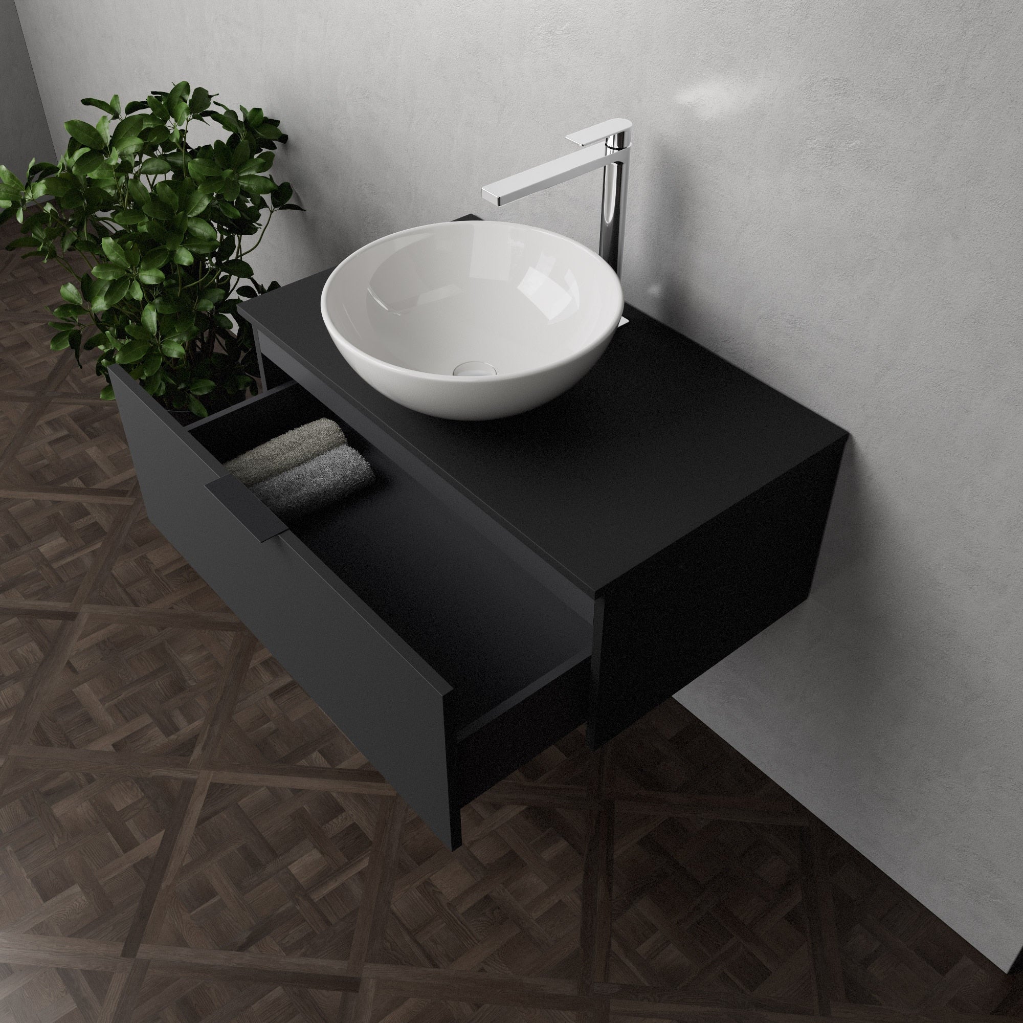 Inda - Mobile bagno L.80 con lavabo in appoggio / Nero opaco 1 cassetto - Topazio