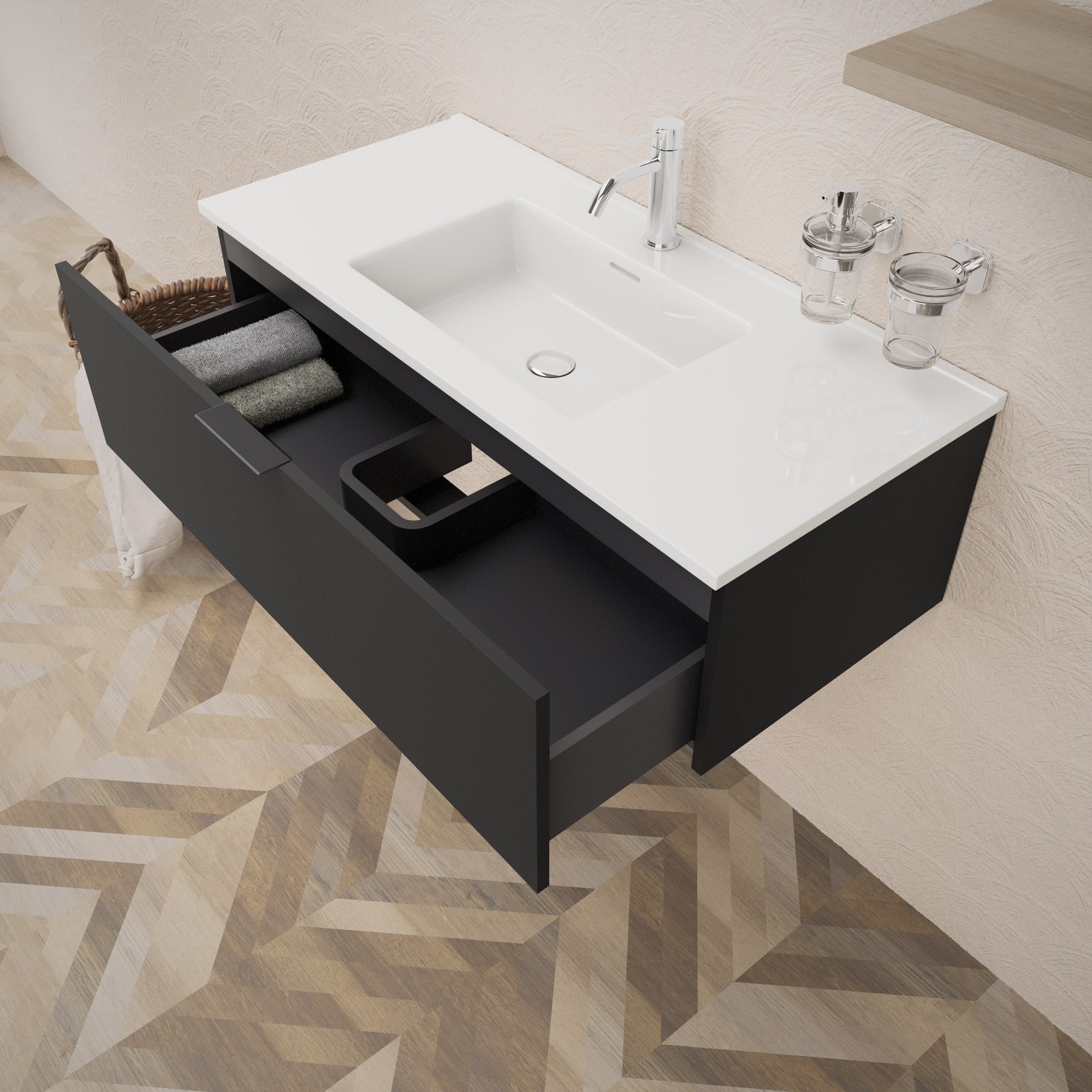 Inda - Mobile bagno L.100 con lavabo lucido / Nero opaco 1 cassetto - Topazio