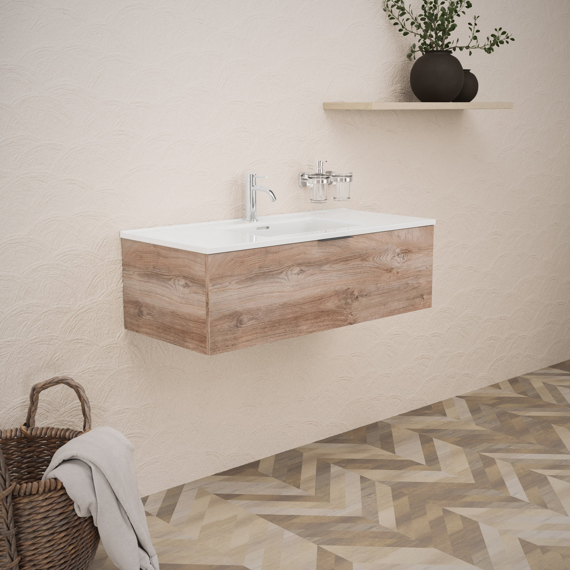 Inda - Mobile bagno L.100 con lavabo lucido / Rovere naturale 1 cassetto - Topazio