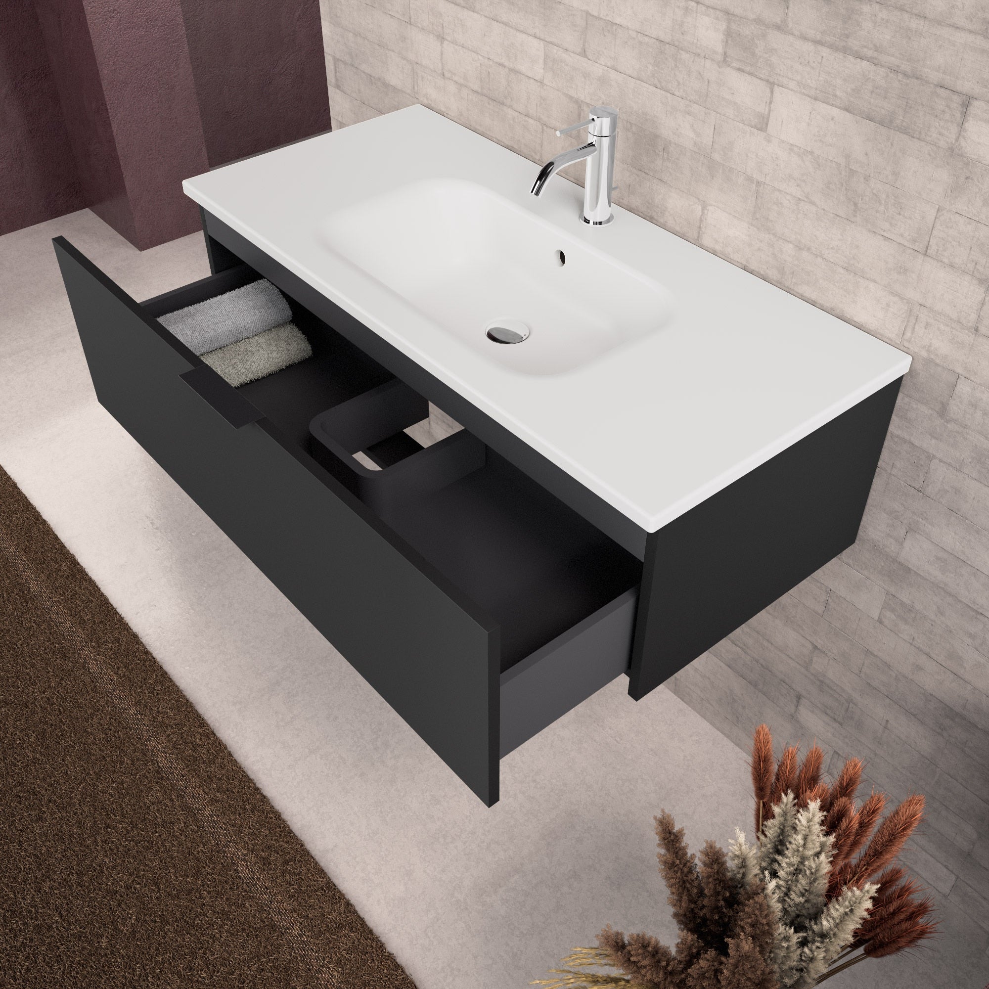 Inda - Mobile bagno L.100 con lavabo opaco / Nero opaco 1 cassetto - Topazio