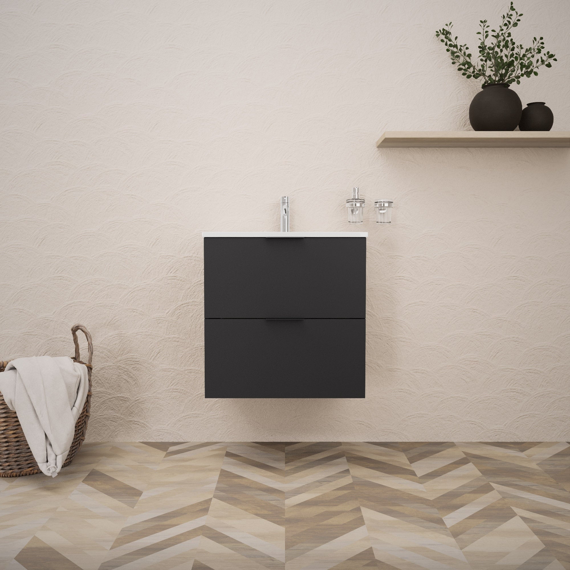 Inda - Mobile bagno L.60 con lavabo lucido / Nero opaco 2 cassetti - Topazio