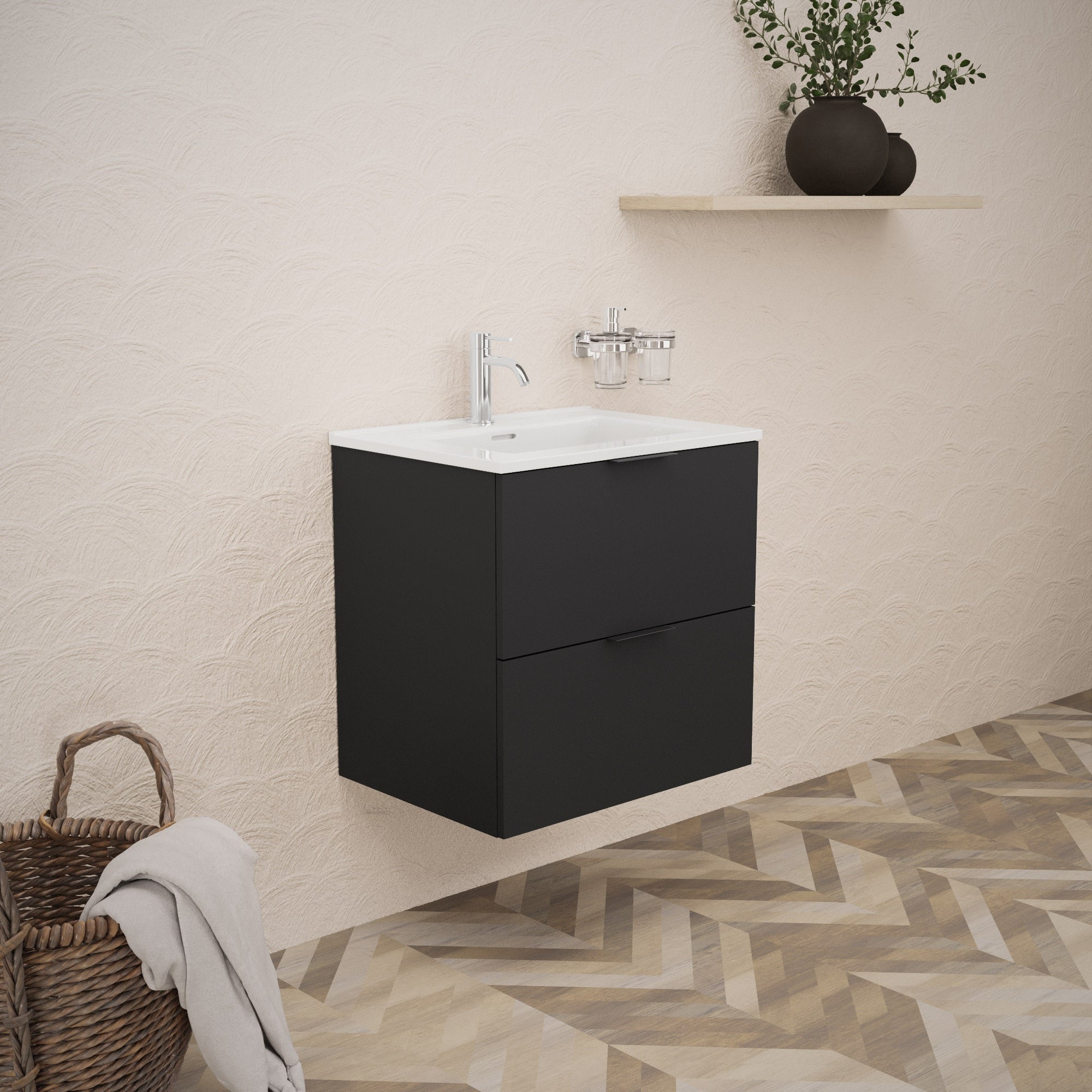 Inda - Mobile bagno L.60 con lavabo lucido / Nero opaco 2 cassetti - Topazio
