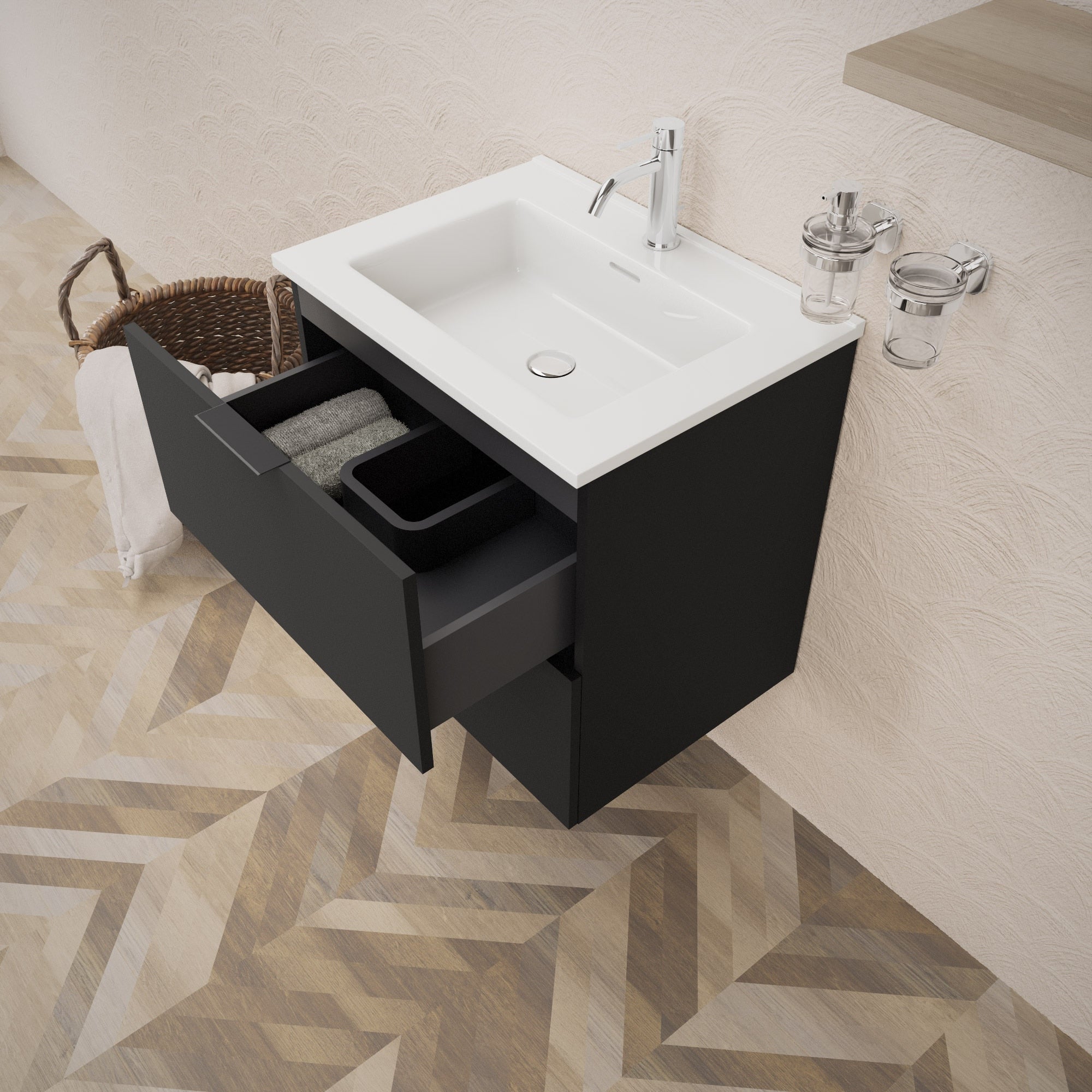 Inda - Mobile bagno L.60 con lavabo lucido / Nero opaco 2 cassetti - Topazio