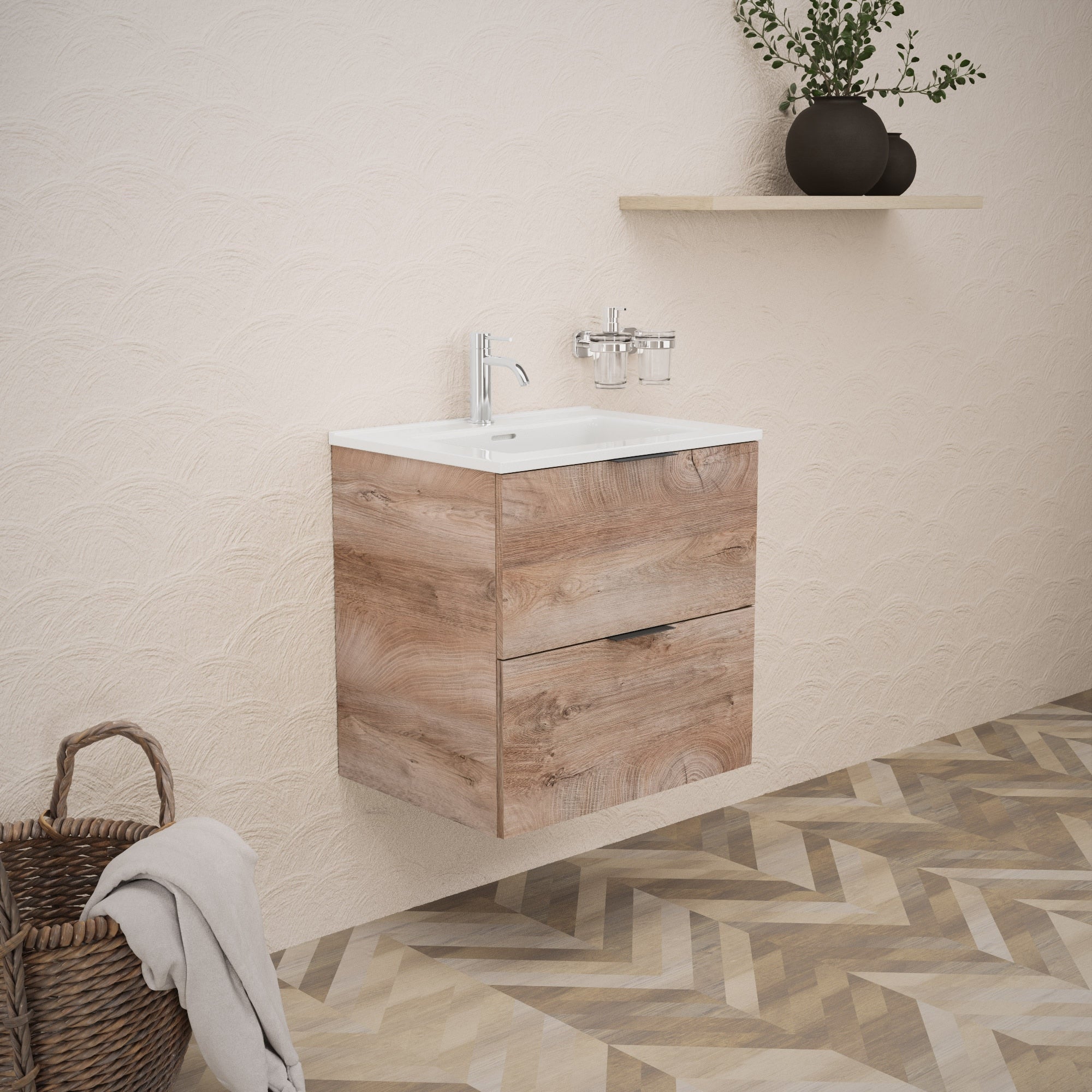 Inda - Mobile bagno L.60 con lavabo lucido / Rovere naturale 2 cassetti - Topazio