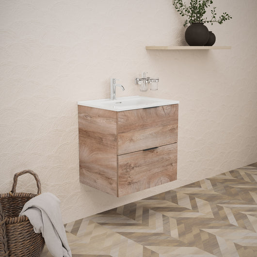 Inda - Mobile bagno L.60 con lavabo lucido / Rovere naturale 2 cassetti - Topazio