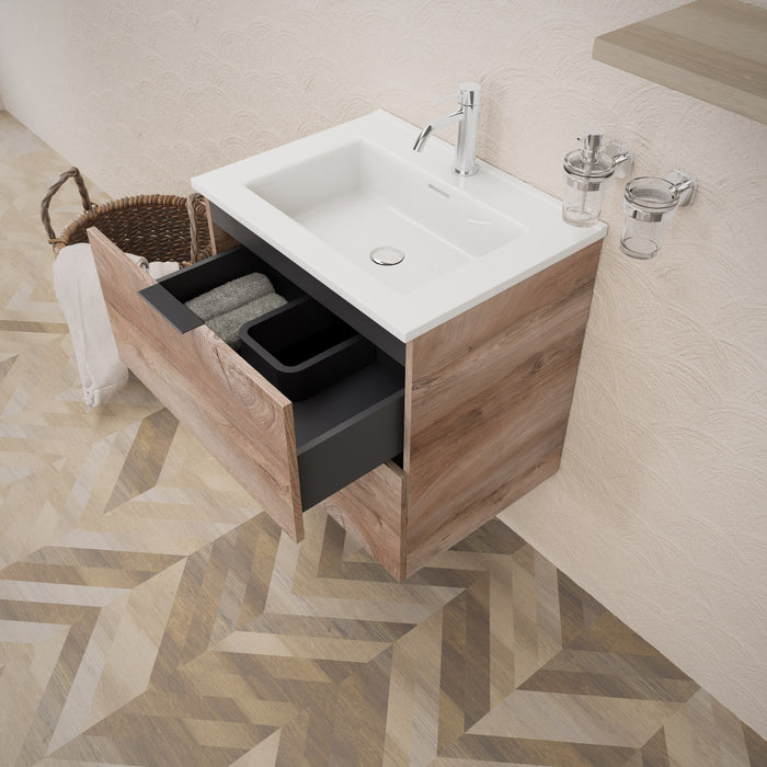 Inda - Mobile bagno L.60 con lavabo lucido / Rovere naturale 2 cassetti - Topazio