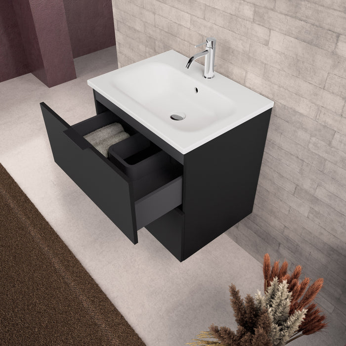 Inda - Mobile bagno L.60 con lavabo opaco / Nero opaco 2 cassetti - Topazio