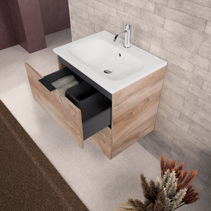 Inda - Mobile bagno L.60 con lavabo opaco / Rovere naturale 2 cassetti - Topazio