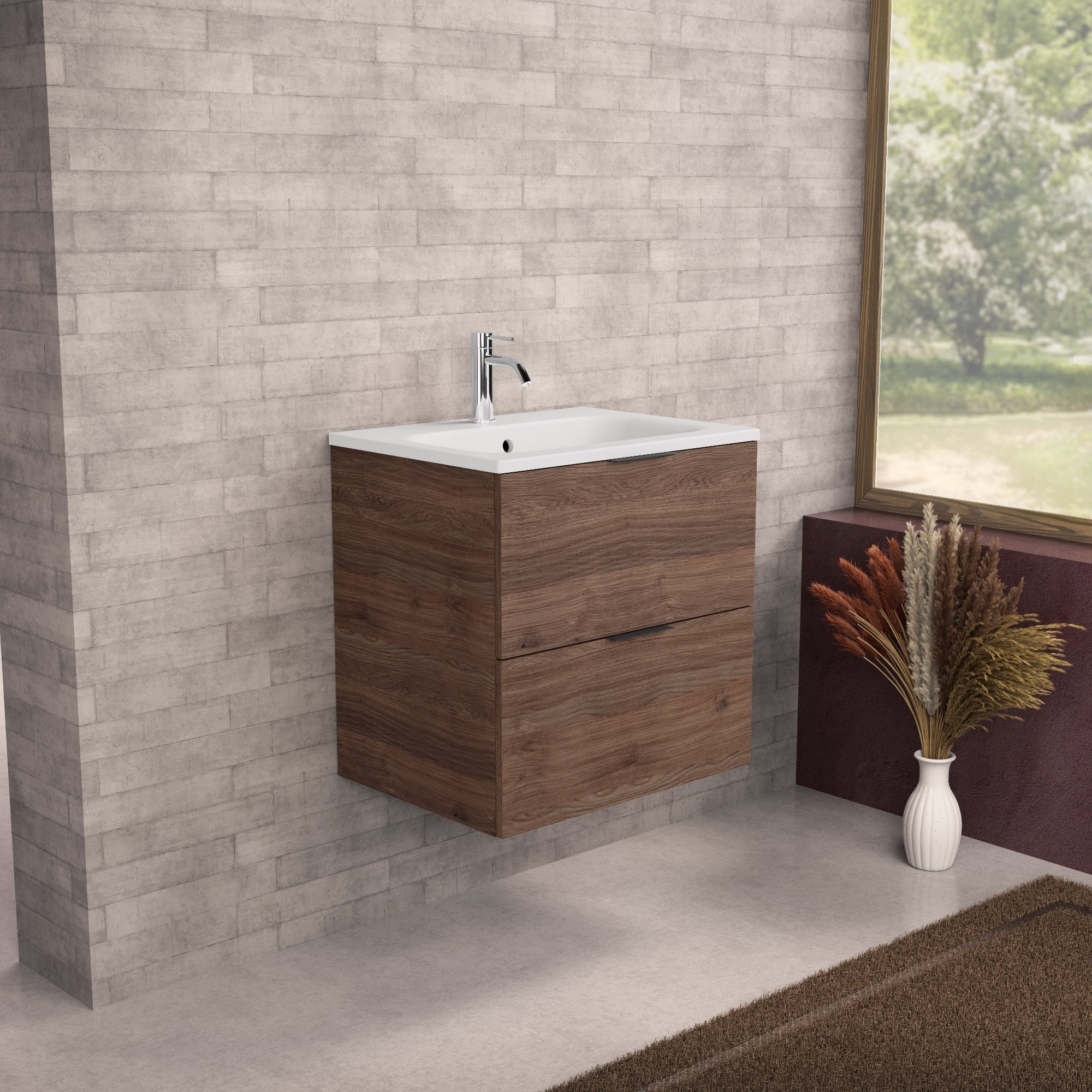 Inda - Mobile bagno L.60 con lavabo opaco / Rovere castano 2 cassetti - Topazio