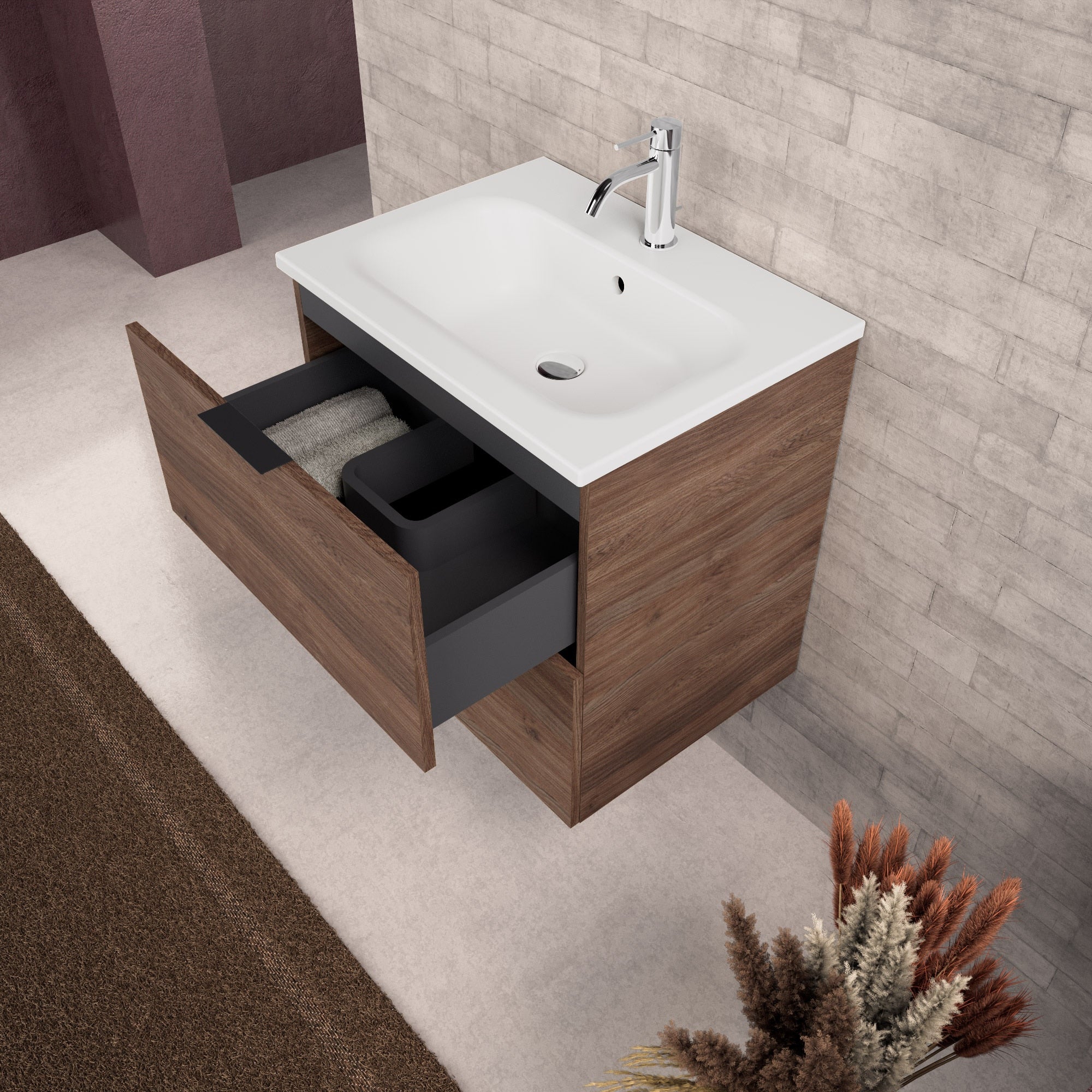 Inda - Mobile bagno L.60 con lavabo opaco / Rovere castano 2 cassetti - Topazio