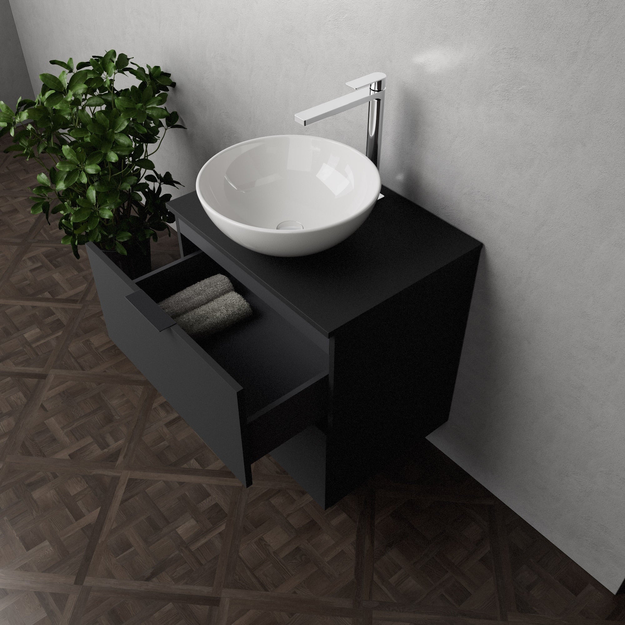 Inda - Mobile bagno L.60 con lavabo in appoggio / Nero opaco 2 cassetti - Topazio