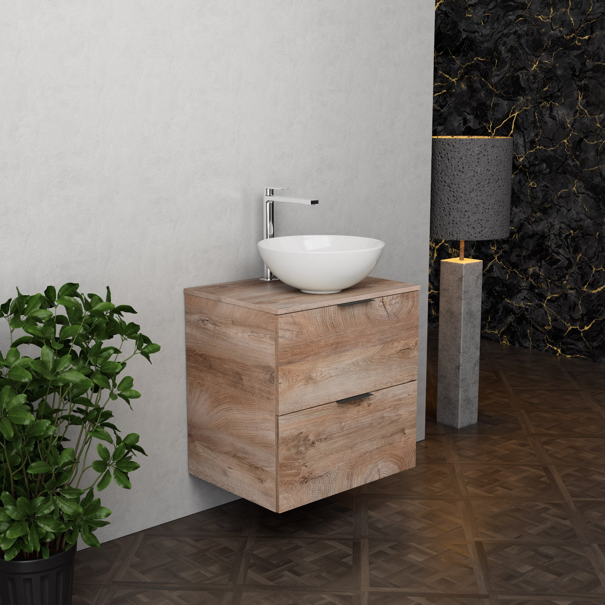 Inda - Mobile bagno L.60 con lavabo in appoggio / Rovere naturale 2 cassetti - Topazio