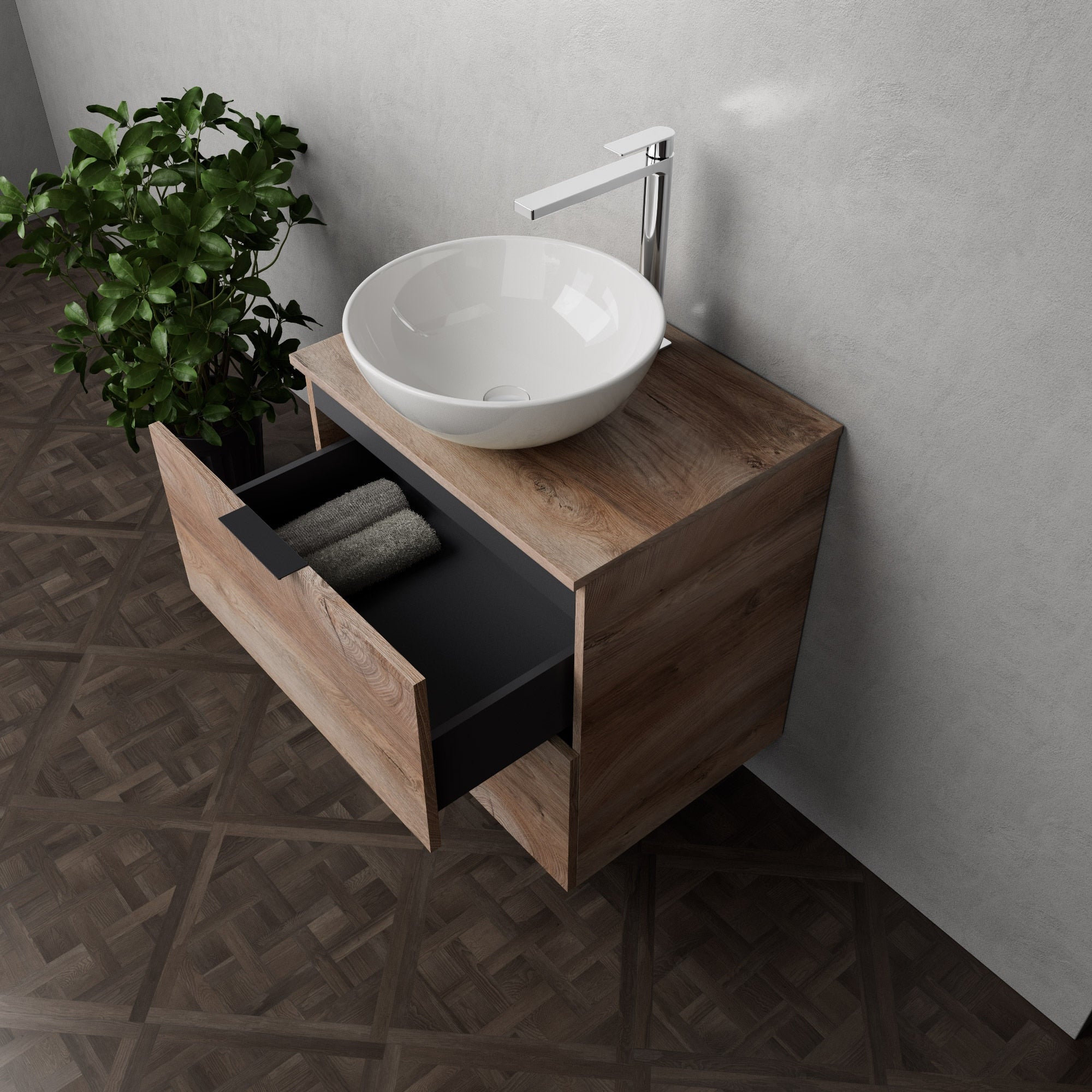 Inda - Mobile bagno L.60 con lavabo in appoggio / Rovere naturale 2 cassetti - Topazio