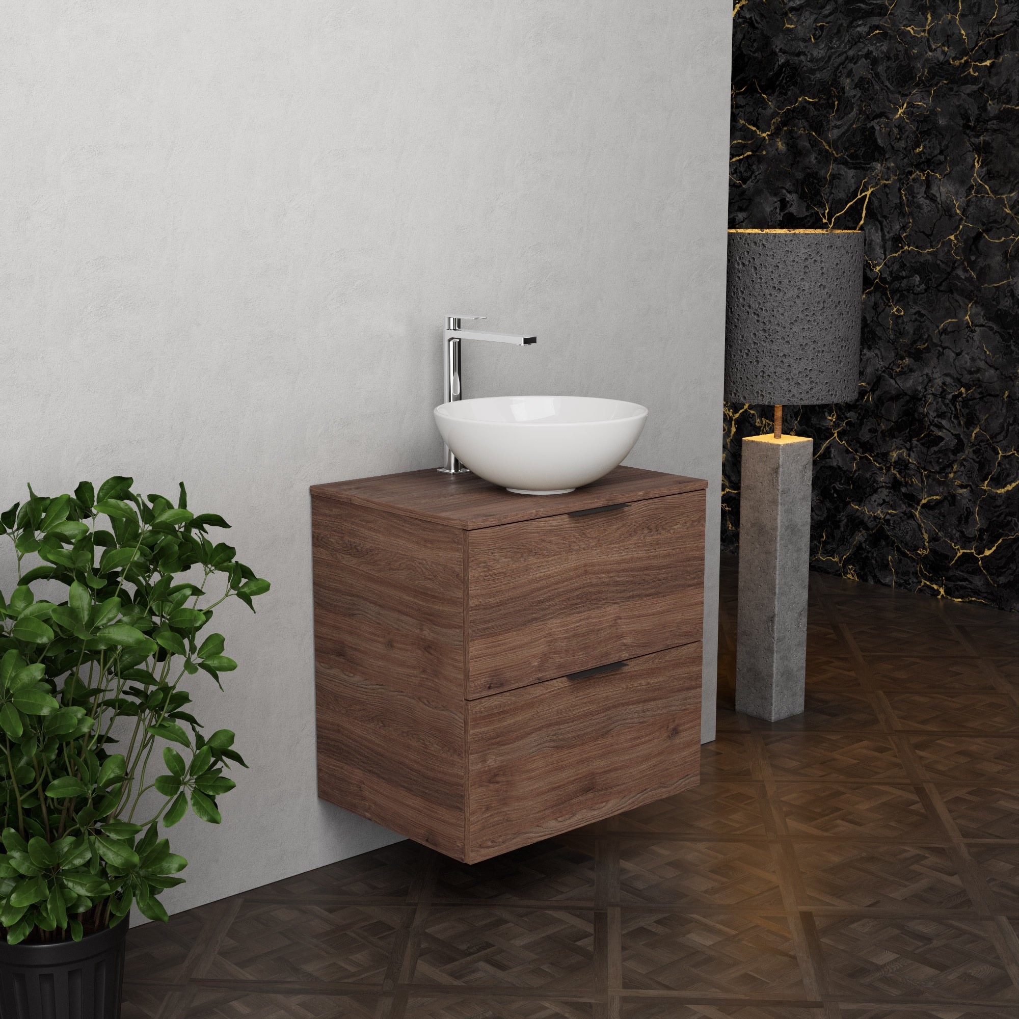Inda - Mobile bagno L.60 con lavabo in appoggio / Rovere castano 2 cassetti - Topazio