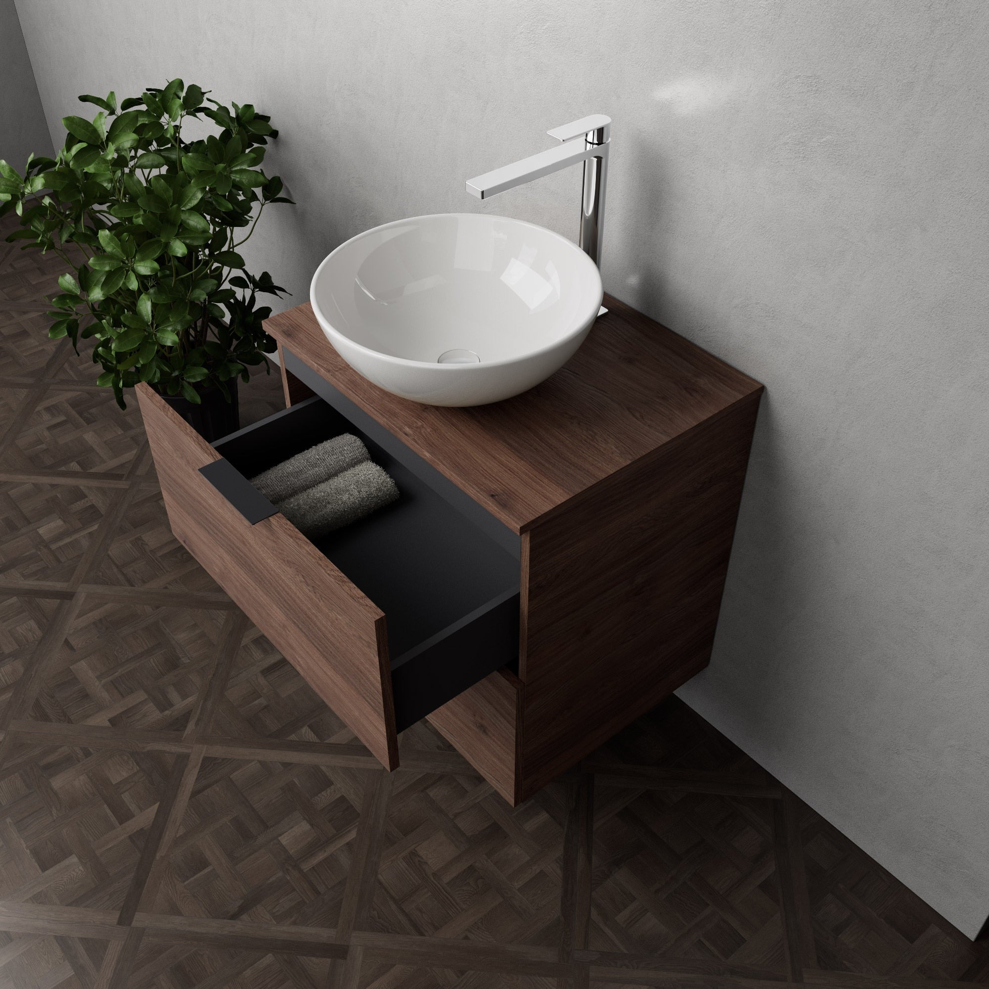 Inda - Mobile bagno L.60 con lavabo in appoggio / Rovere castano 2 cassetti - Topazio