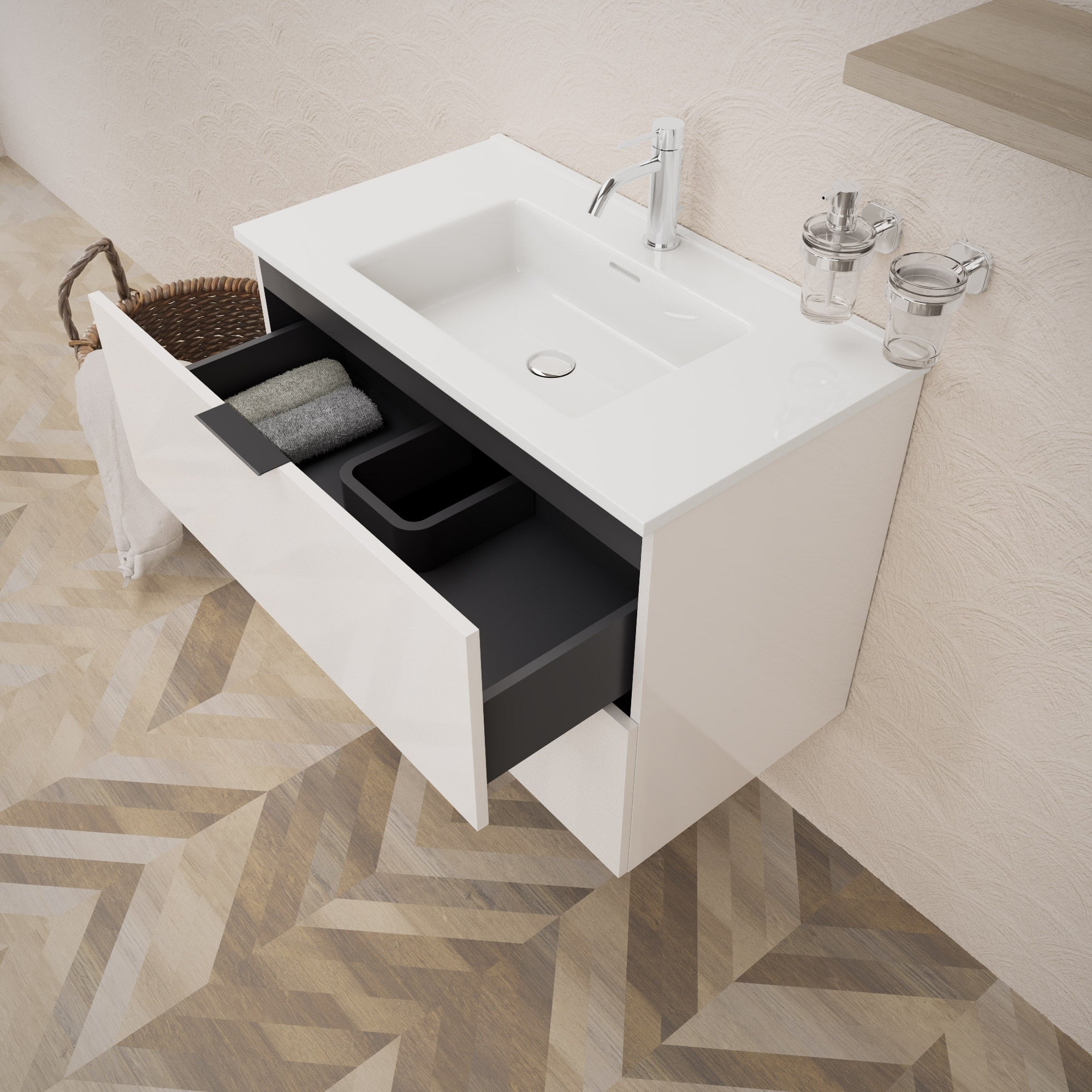 Inda - Mobile bagno L.80 con lavabo lucido / Bianco lucido 2 cassetti - Topazio