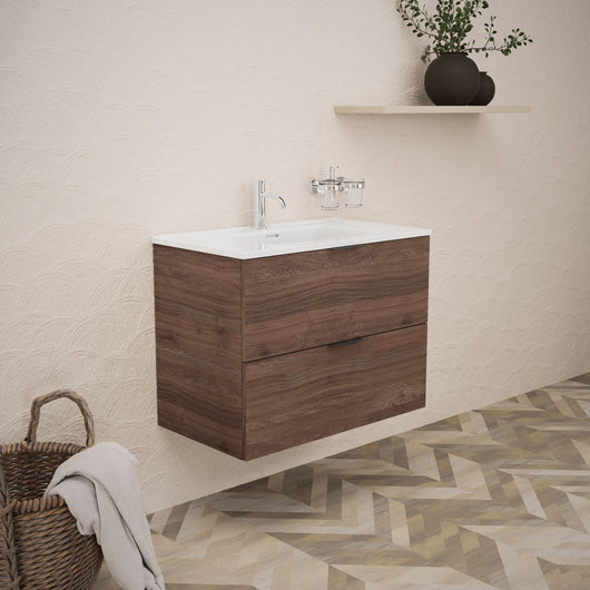 Inda - Mobile bagno L.80 con lavabo lucido / Rovere castano 2 cassetti - Topazio