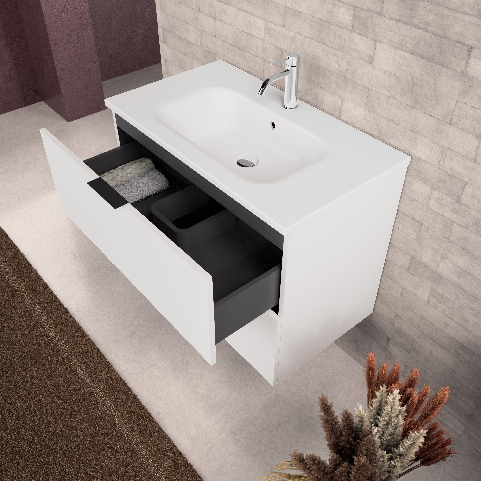 Inda - Mobile bagno L.80 con lavabo opaco / Bianco opaco 2 cassetti - Topazio