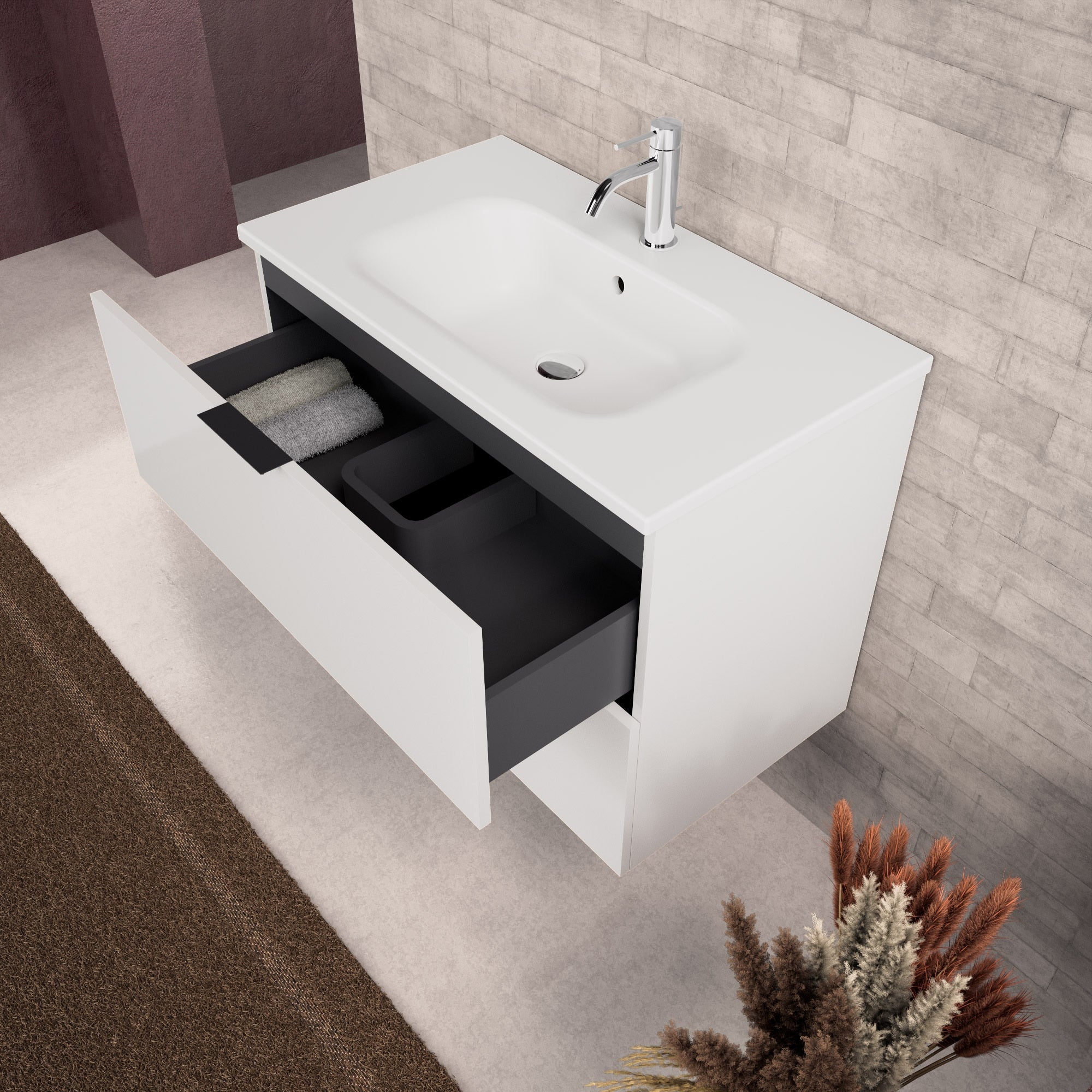 Inda - Mobile bagno L.80 con lavabo opaco / Bianco lucido 2 cassetti - Topazio