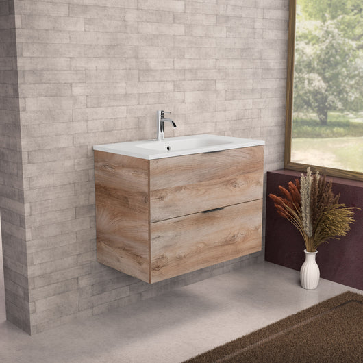 Inda - Mobile bagno L.80 con lavabo opaco / Rovere naturale 2 cassetti - Topazio