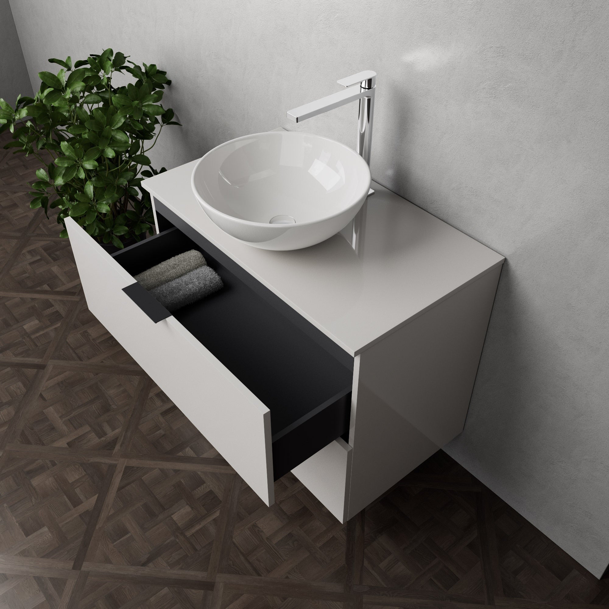Inda - Mobile bagno L.80 con lavabo in appoggio / Bianco lucido 2 cassetti - Topazio