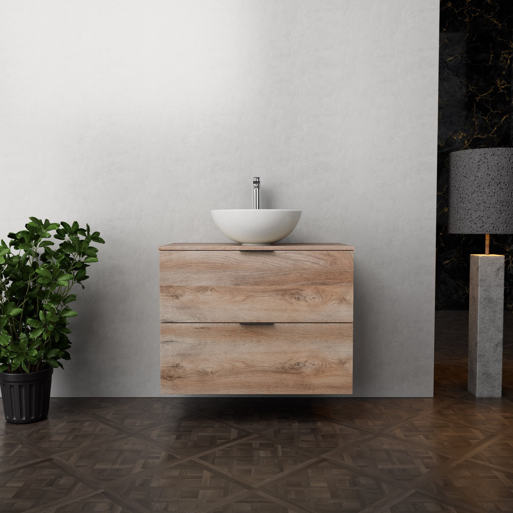 Inda - Mobile bagno L.80 con lavabo in appoggio / Rovere naturale 2 cassetti - Topazio