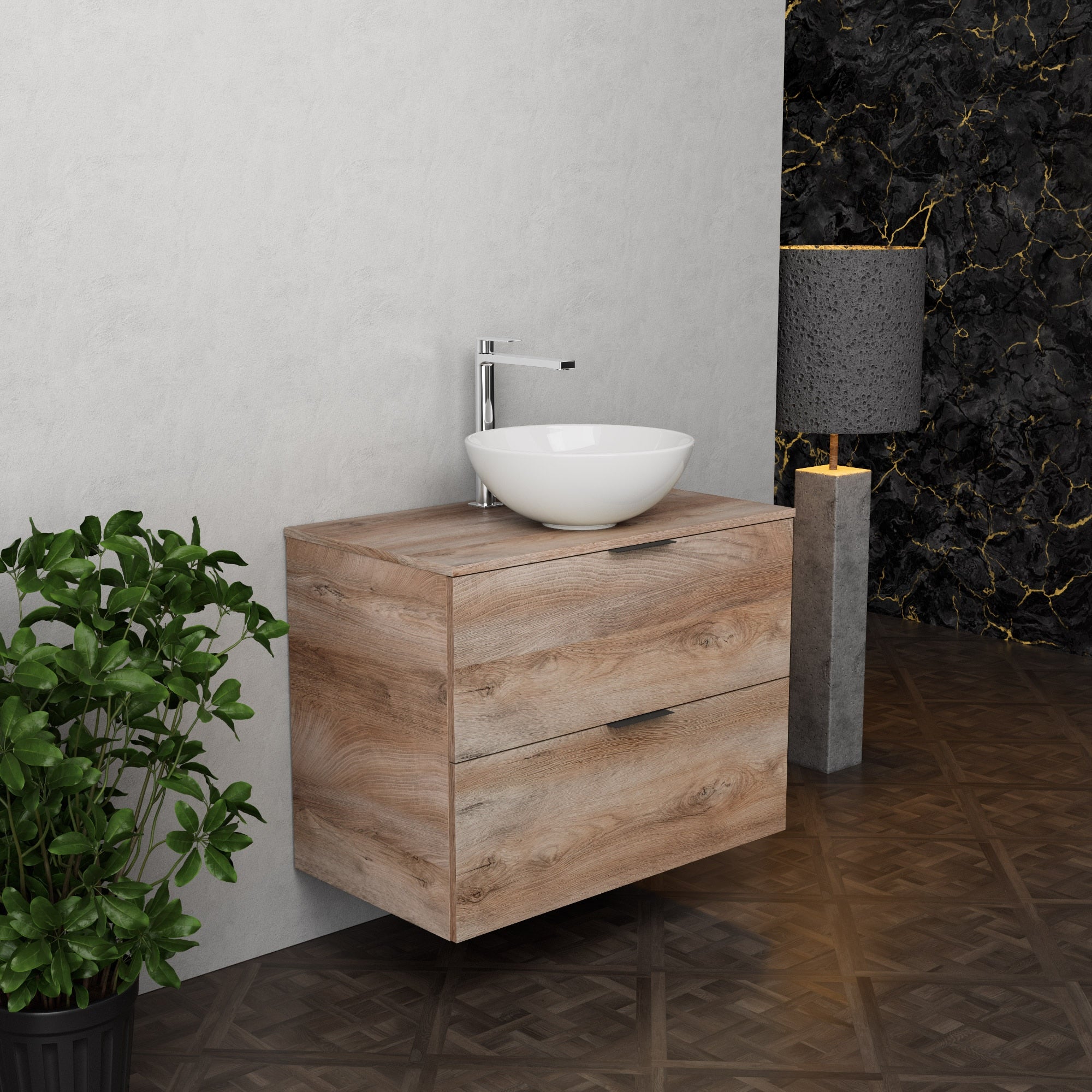 Inda - Mobile bagno L.80 con lavabo in appoggio / Rovere naturale 2 cassetti - Topazio