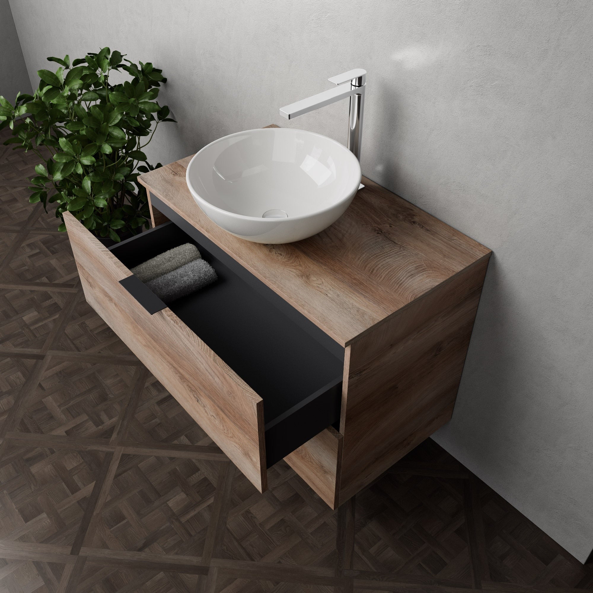 Inda - Mobile bagno L.80 con lavabo in appoggio / Rovere naturale 2 cassetti - Topazio