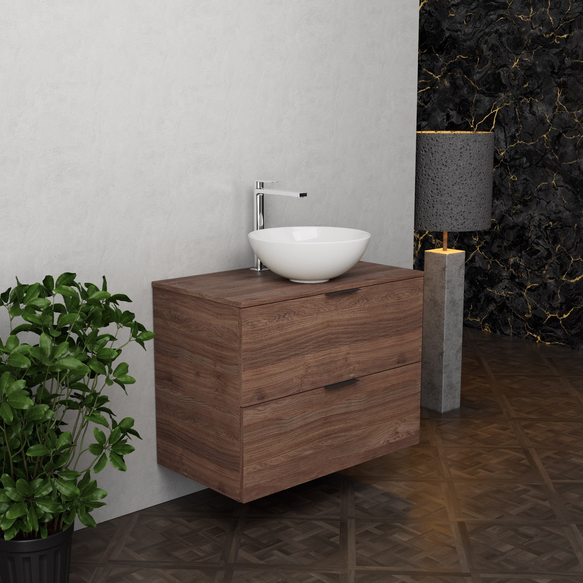 Inda - Mobile bagno L.80 con lavabo in appoggio / Rovere castano 2 cassetti - Topazio