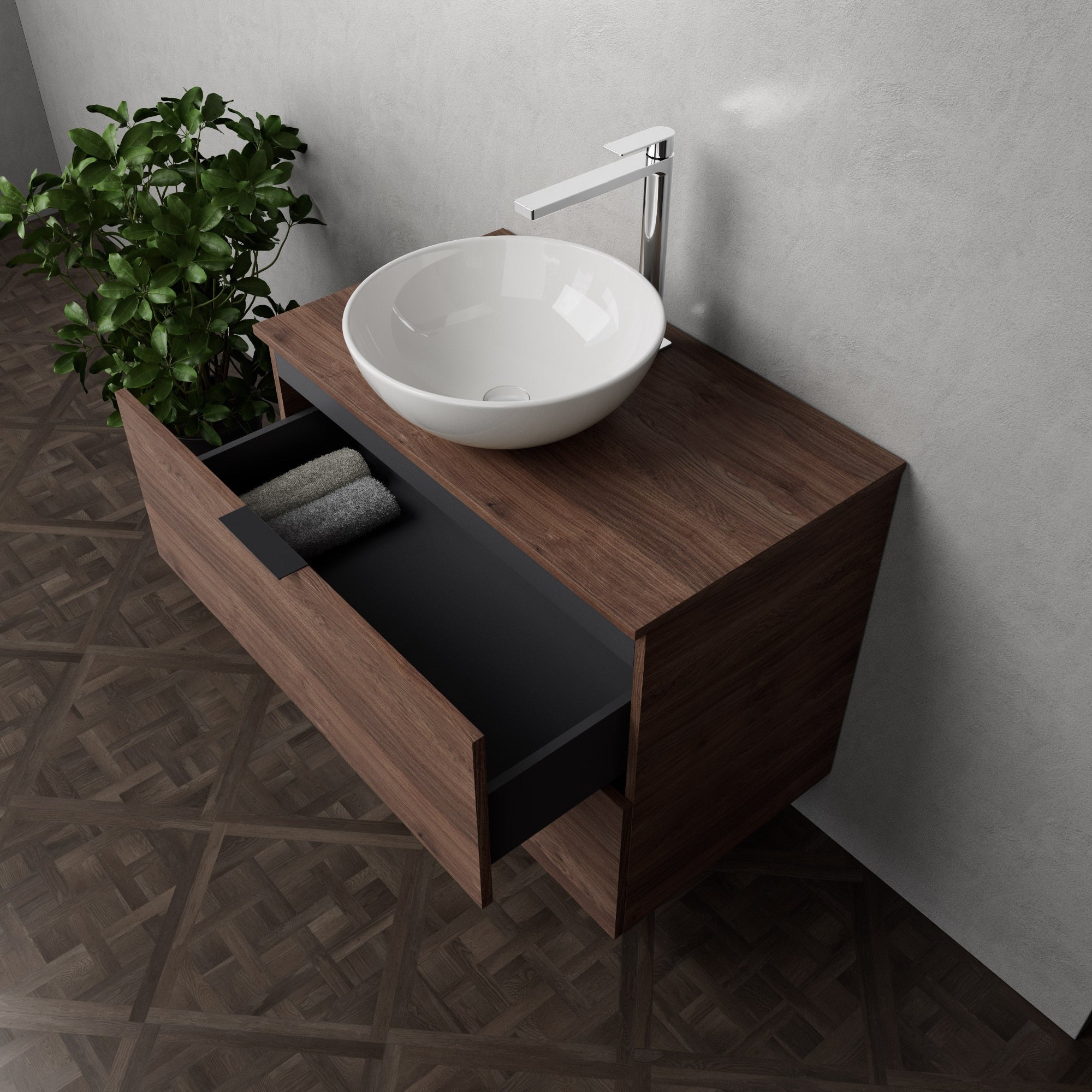 Inda - Mobile bagno L.80 con lavabo in appoggio / Rovere castano 2 cassetti - Topazio