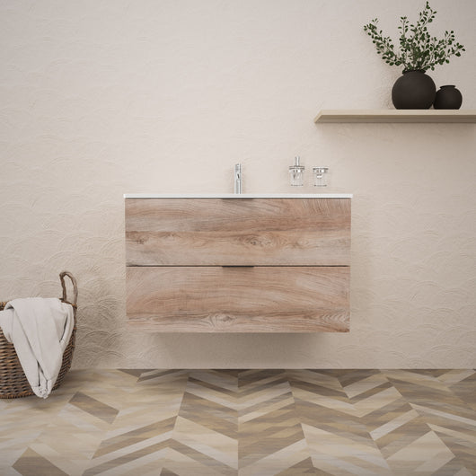 Inda - Mobile bagno L.100 con lavabo lucido / Rovere naturale 2 cassetti - Topazio
