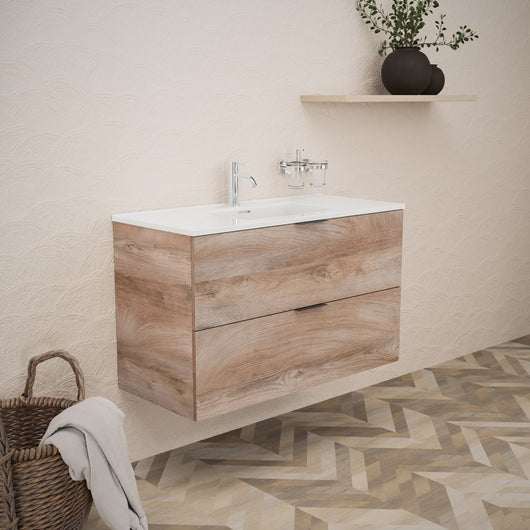 Inda - Mobile bagno L.100 con lavabo lucido / Rovere naturale 2 cassetti - Topazio