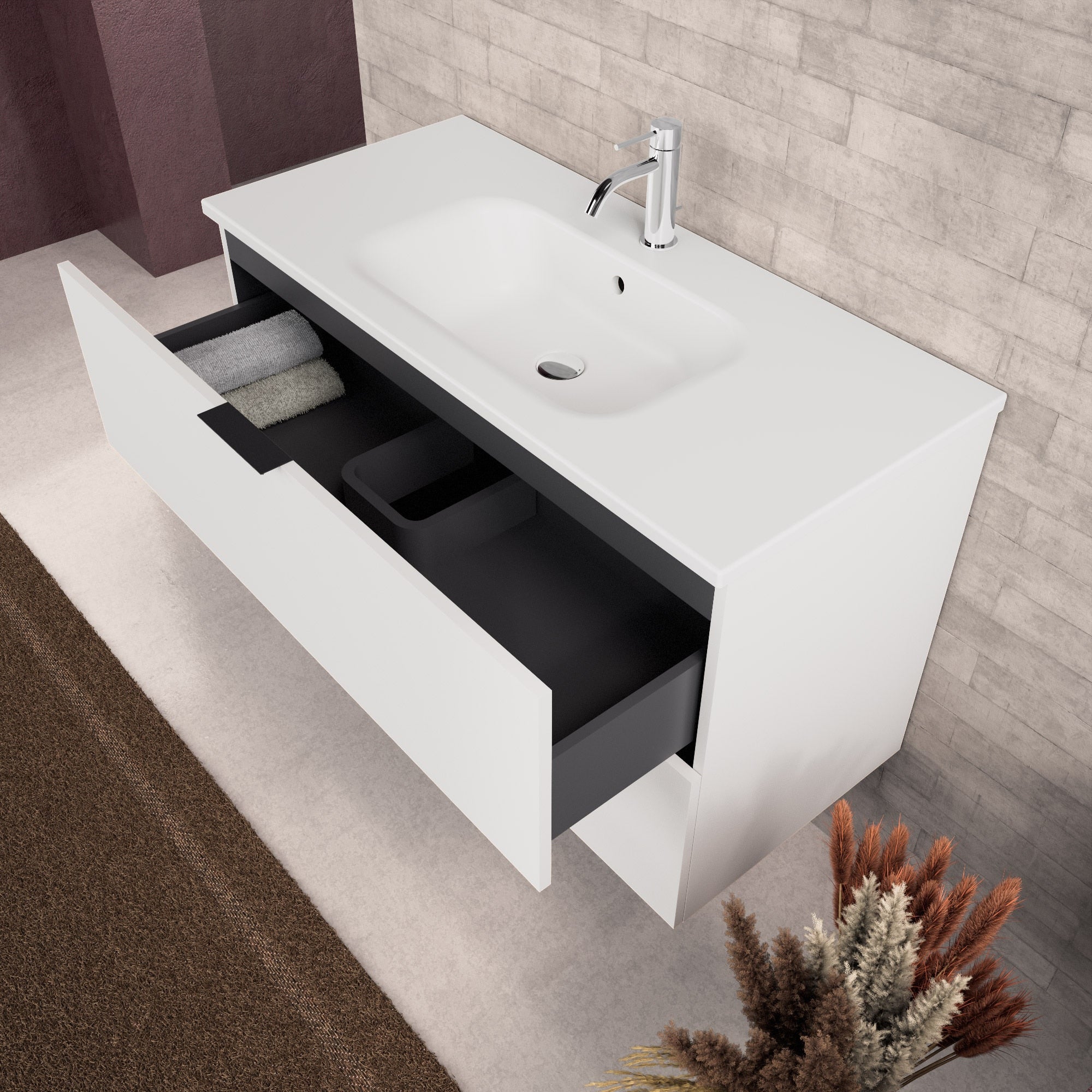 Inda - Mobile bagno L.100 con lavabo opaco / Bianco opaco 2 cassetti - Topazio