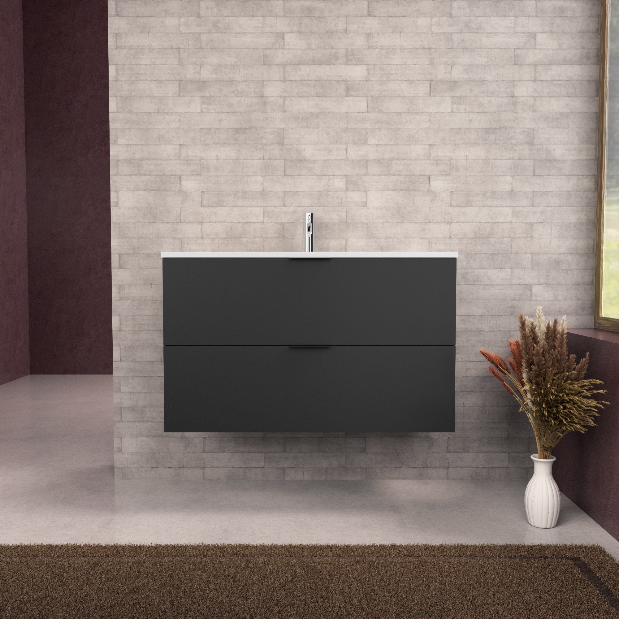 Inda - Mobile bagno L.100 con lavabo opaco / Nero opaco 2 cassetti - Topazio