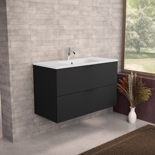 Inda - Mobile bagno L.100 con lavabo opaco / Nero opaco 2 cassetti - Topazio