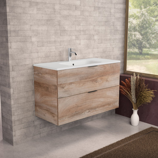 Inda - Mobile bagno L.100 con lavabo opaco / Rovere naturale 2 cassetti - Topazio